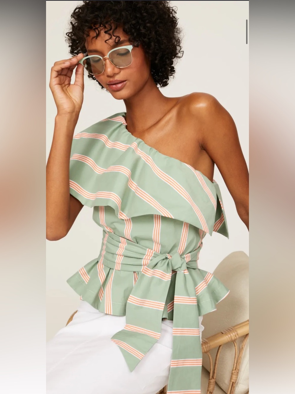 Stella Jean Green Striped One-Shoulder Top